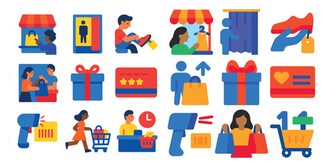 Obraz premium Series of icons depicting shopping scenes. The icons include a person shopping, a person in a store, a person in a store with a shopping cart, a person in a store with a shopping bag