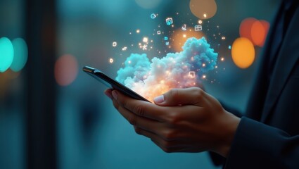 Smartphone displaying a cloud of digital information.
