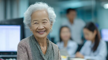A woman smiling in front of a computer