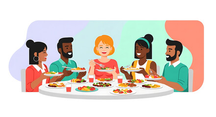 Diverse Group Enjoying a Meal Together at a Table, Sharing Food and Laughter