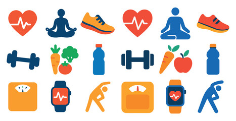 Collection of fitness icons and symbols, including a heart, a carrot, and a scale. Concept of health and wellness, and the mood is positive and energetic