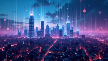 Obraz premium Futuristic cityscape at night with glowing connections.