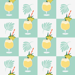 Sweet Pina Colada Cocktail seamless pattern. Geometric background with glass of tropical drink, pineapple slice, rainforest leaf. Flat design colorful hand drawn vector illustration. 