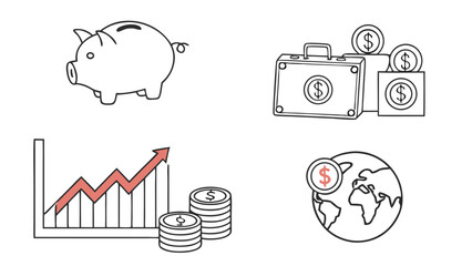 Financial growth and savings icons piggy bank briefcase with coins upward trend graph and globe with dollar symbol representing global finance