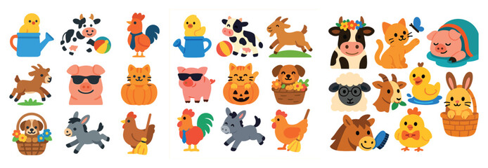 Fototapeta premium Collection of cartoon animals including a pig, chicken, cow, and cat. The animals are all smiling and wearing sunglasses