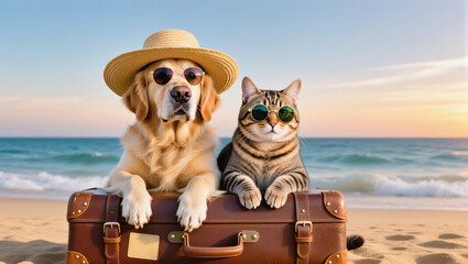 Funny dog in hat and cat in sunglasses relaxing on suitcase at the beach during sunset. Summer vacation mood with pets.