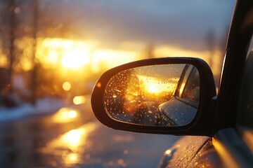 Wet Car Side Mirror Reflecting Sunset, Water Droplets, Scenic Winter Landscape View