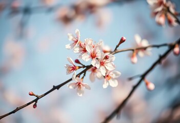 Delicate apricot blossoms, soft focus, gentle blue sky Macro shot of spring branches, ideal for Easter cards,  easter design,  macro