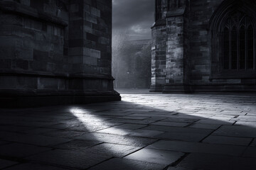 Dramatic monochrome image of stone architecture with a single beam of light. Evokes mystery, gothic atmosphere, and old world charm. Perfect for historical, fantasy, or conceptual projects.