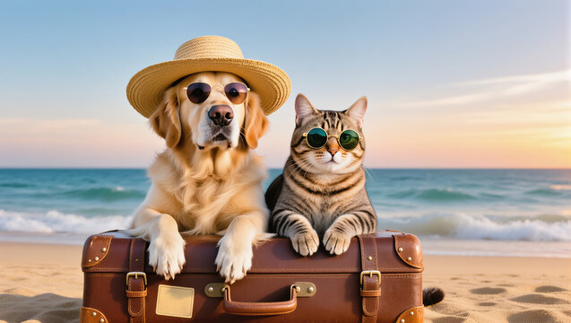 Funny dog in hat and cat in sunglasses relaxing on suitcase at the beach during sunset. Summer vacation mood with pets. - Powered by Adobe