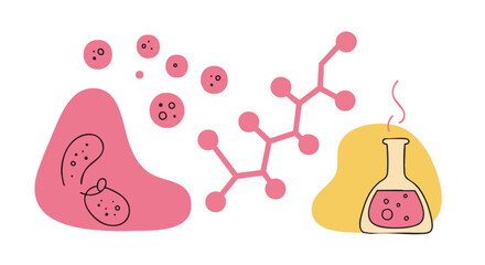 Conceptual representation of scientific elements, with pink cells and molecules, paired with an alchemist's bottle