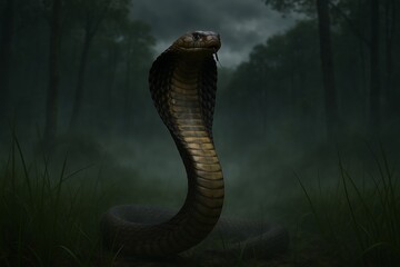 Majestic cobra poised in a misty jungle environment