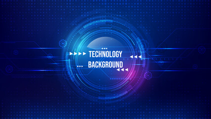 Abstract blue technology background with futuristic circles and arrows. Vector illustration design. Blue digital tech for web banners or presentations with copy space on a dark blue background.