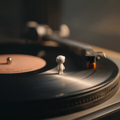 Obraz premium Minimalist Vinyl Record with Cute Smiski Like Figurine Spinning on Turntable
