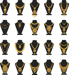 Exquisite collection of luxurious gold necklaces, showcasing elegant designs on sleek black mannequins, perfect for jewelry, fashion, and cultural design projects.