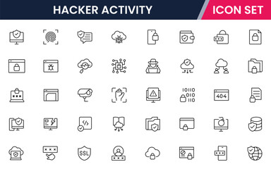 Hacker activity vector line icons featuring shields, locks, firewalls, encryption, passwords, malware protection, surveillance, data safety, and secure networks.