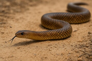 Obraz premium Stunning image of an eastern brown snake coiling on the ground, preparing to strike