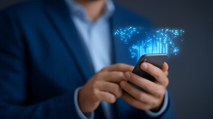Businessman using smartphone with global internet and marketing icons