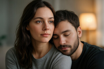 Obraz premium Tender Embrace in Warm Light Depicting Affectionate Moment of a Couple, Highlighting Intimacy and Connection in Soft Natural Illumination, Indoor Setting, Cozy Atmosphere, Emotional Bonding