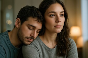 Couple in Quiet Embrace with Warm Lighting, Expressive Connection and Intimate Bond Captured in Soft Focus, Highlighting Tender Emotion and Subtle Affection, Against Cozy Interior Background