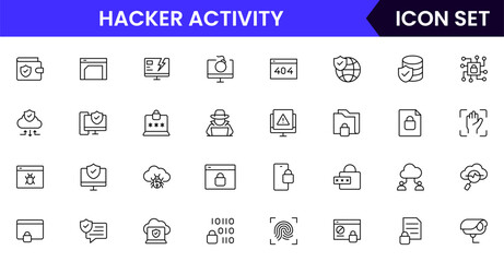 Hacker activity vector line icons featuring shields, locks, firewalls, encryption, passwords, malware protection, surveillance, data safety, and secure networks.