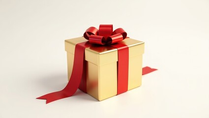 Obraz premium A gold gift box with a red ribbon and bow.