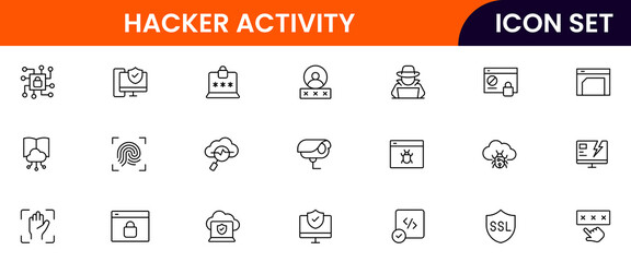 Hacker activity vector line icons featuring shields, locks, firewalls, encryption, passwords, malware protection, surveillance, data safety, and secure networks.