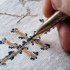 Close-up of hand embroidering intricate design
