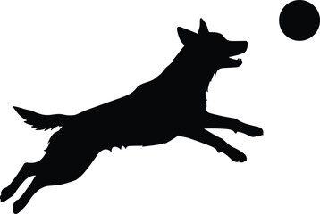 Dog silhouette jumping to catch ball, energetic action pet moment, playful canine pose, black vector illustration, dynamic movement, minimal design, animal concept