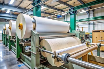 Naklejka premium Paper rolls on a machine in an industrial factory setting
