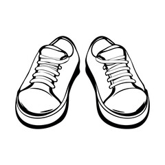 A pair of black and white sneakers with laces. The shoes are depicted from a top-down view, showcasing their simple design and classic style.