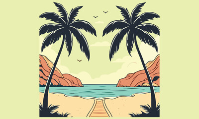 Tropical Beach & Summer Vacation Illustrations: Palm Trees, Sun, and Holiday Icons