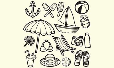 Obraz premium Tropical Beach & Summer Vacation Illustrations: Palm Trees, Sun, and Holiday Icons