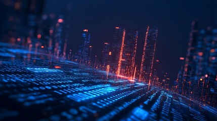 Abstract Cityscape with Binary Code Reflection, Data Stream, Cyberpunk Glow