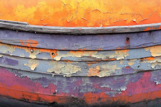 Close-up of weathered wooden boat hull, showing layers of peeling paint in orange, purple, and gray.