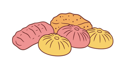 A collection of five colorful steamed buns, each distinct in shape and design, arranged on a light background.