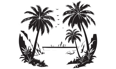 Fototapeta premium Tropical Beach & Summer Vacation Illustrations: Palm Trees, Sun, and Holiday Icons