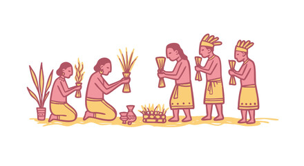 Ancient Ritual Illustration: Depicting a group of individuals in a cultural ceremony with ritual items.