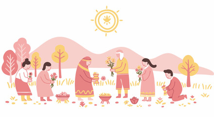 People gather to share and exchange flower. Depicting the act of giving, the painting highlights the essence of compassion.