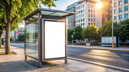 Blank white vertical digital billboard poster on city street bus stop sign . Street advertising bus stop mockup