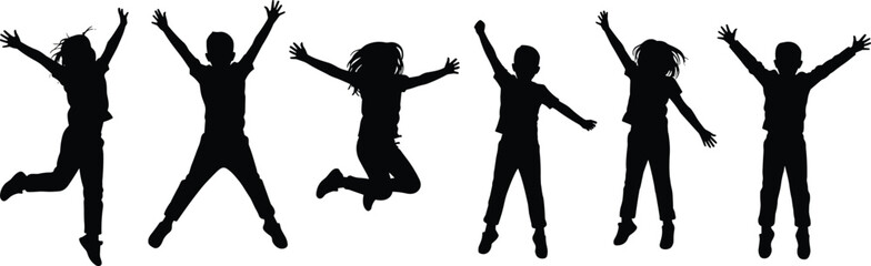 Group of children jumping silhouette, playful movement vector, outdoor fun scene, joyful kids sketch, happy childhood, energetic action, black illustration