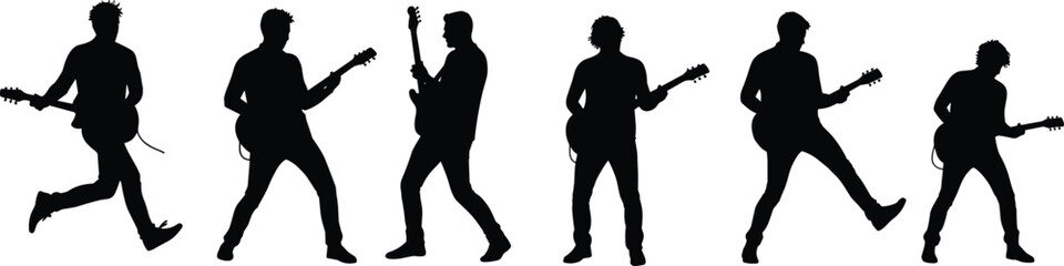 Guitarist silhouette set, dynamic poses, electric guitar performance, rock band art, black and white vector, music scene, stage action, concert