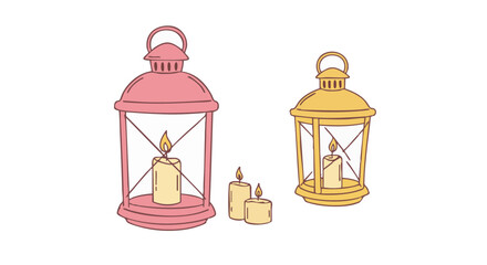 Two lanterns and several candles, illuminated and creating a warm, inviting atmosphere.