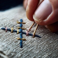 Close-up of hands embroidering on fabric