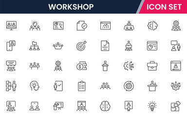 Workshop vector line icons featuring tools, gears, machinery, workbenches, safety equipment, hands-on activities, repairs, and technical skills.