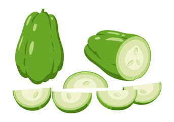 Green chayote squash One whole one cut in half and four slices isolated on a white background