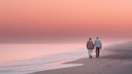 Serene seascape featuring a senior couple strolling handinhand along a tranquil beach at dawn. Symbolizes love, companionship, retirement, and peaceful aging.