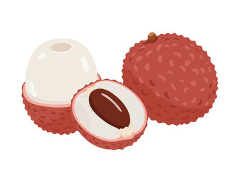 Three lychee fruits one whole one halved showing seed one peeled