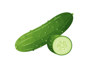 Two green cucumbers one whole and one sliced are isolated on a white background