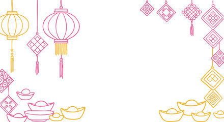 Decorative lanterns and gold ingots in a festive arrangement, perfect for celebrations.